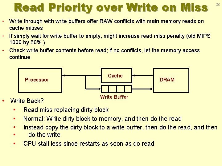 Read Priority over Write on Miss 38 • Write through with write buffers offer