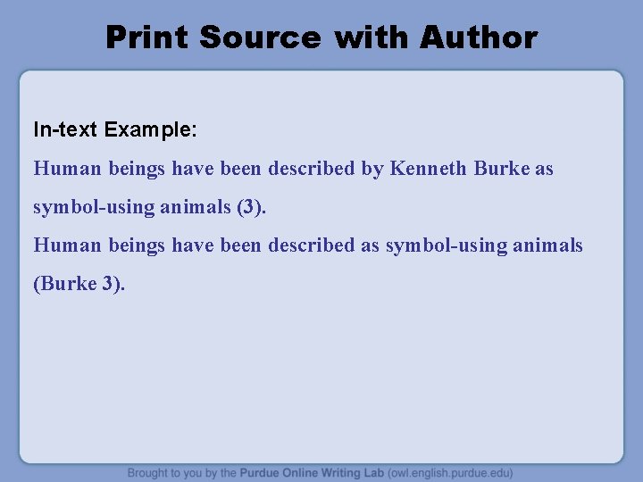 Print Source with Author In-text Example: Human beings have been described by Kenneth Burke