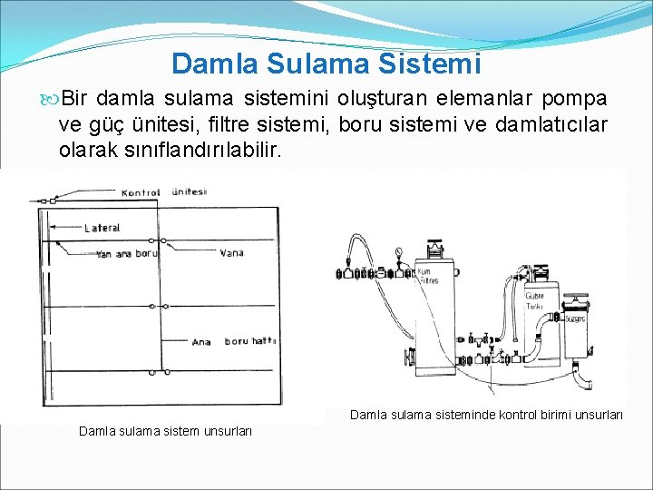 Damla Sulama Sistemi Bir damla sulama sistemini oluşturan elemanlar pompa ve güç ünitesi, filtre