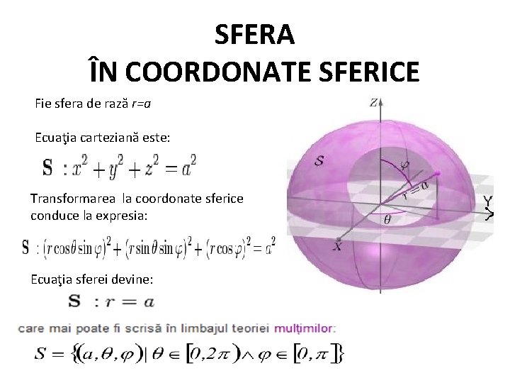 SFERA ÎN COORDONATE SFERICE Fie sfera de rază r=a Ecuaţia carteziană este: Transformarea la