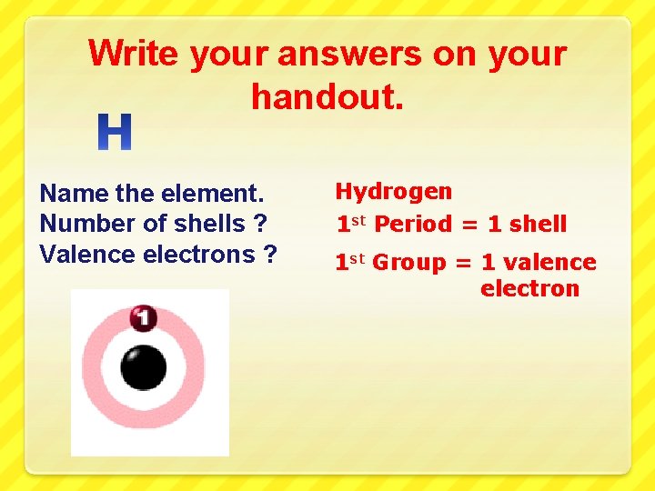 Write your answers on your handout. Name the element. Number of shells ? Valence