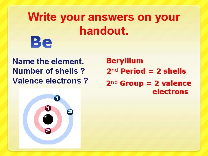 Write your answers on your handout. Name the element. Number of shells ? Valence