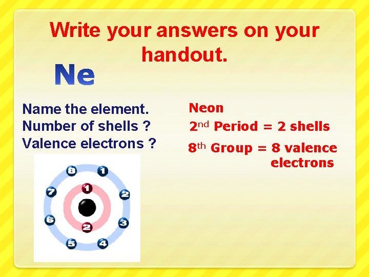 Write your answers on your handout. Name the element. Number of shells ? Valence