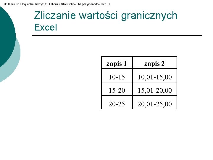 dr Dariusz Chojecki, Instytut Historii i Stosunków Międzynarodowych US Zliczanie wartości granicznych Excel zapis