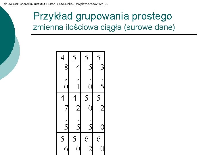 dr Dariusz Chojecki, Instytut Historii i Stosunków Międzynarodowych US Przykład grupowania prostego zmienna ilościowa