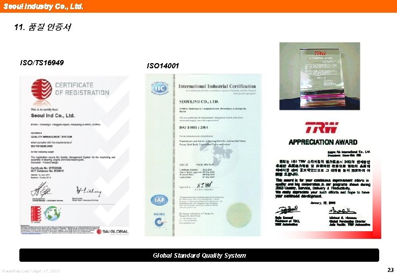 Seoul Industry Co. , Ltd. 11. 품질 인증서 ISO/TS 16949 ISO 14001 Global Standard