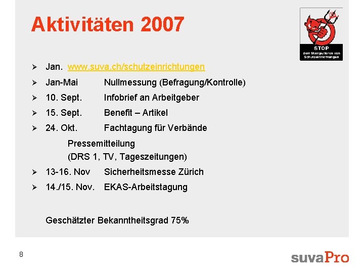 Aktivitäten 2007 Ø Jan. www. suva. ch/schutzeinrichtungen Ø Jan-Mai Nullmessung (Befragung/Kontrolle) Ø 10. Sept.