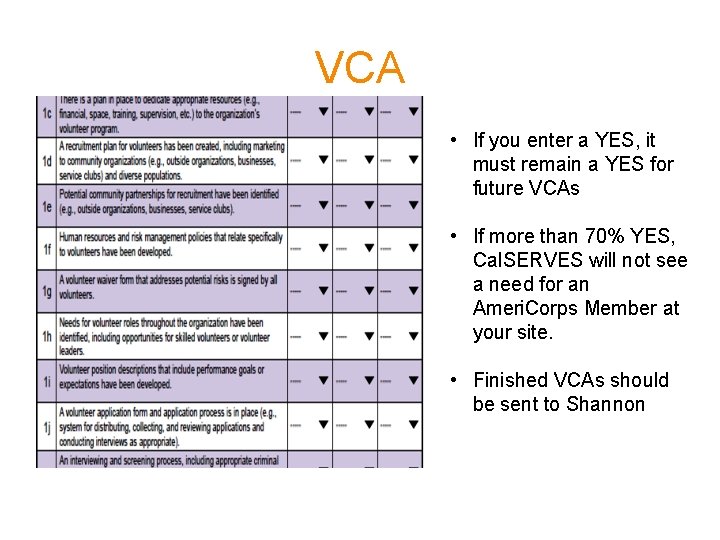 VCA • If you enter a YES, it must remain a YES for future