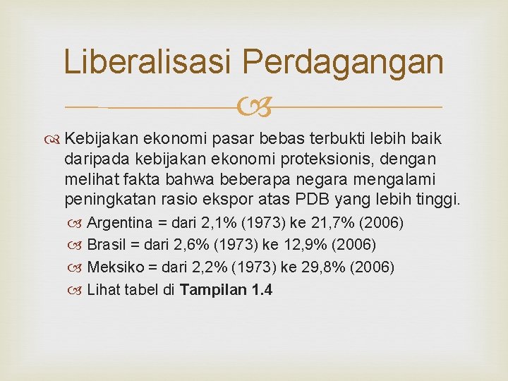 Liberalisasi Perdagangan Kebijakan ekonomi pasar bebas terbukti lebih baik daripada kebijakan ekonomi proteksionis, dengan Liberalisasi Perdagangan Kebijakan ekonomi pasar bebas terbukti lebih baik daripada kebijakan ekonomi proteksionis, dengan