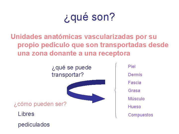 ¿qué son? Unidades anatómicas vascularizadas por su propio pedículo que son transportadas desde una