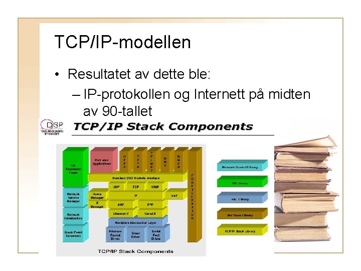 TCP/IP-modellen • Resultatet av dette ble: – IP-protokollen og Internett på midten av 90