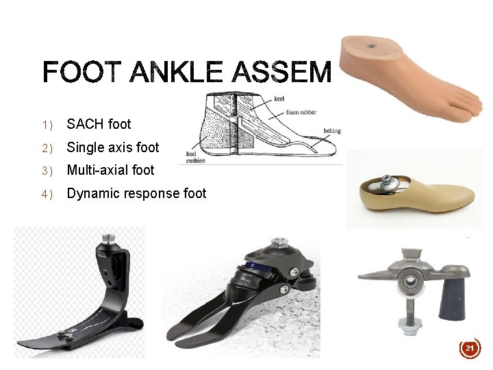 1) SACH foot 2) Single axis foot 3) Multi-axial foot 4) Dynamic response foot