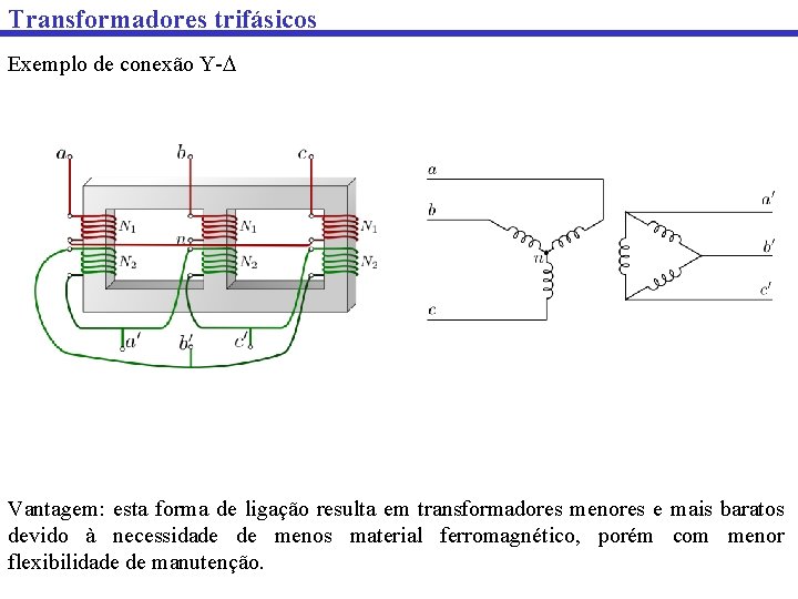 Transformadores trifásicos Exemplo de conexão Y- Vantagem: esta forma de ligação resulta em transformadores