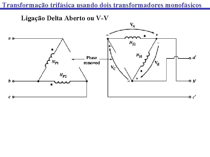 Transformação trifásica usando dois transformadores monofásicos Ligação Delta Aberto ou V-V 