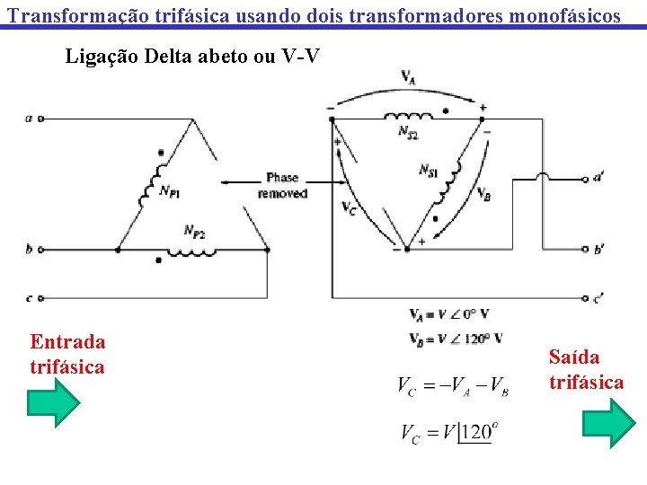 Transformação trifásica usando dois transformadores monofásicos Ligação Delta abeto ou V-V Entrada trifásica Saída