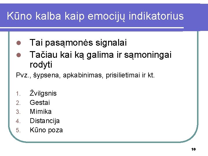 Kūno kalba kaip emocijų indikatorius Tai pasąmonės signalai l Tačiau kai ką galima ir