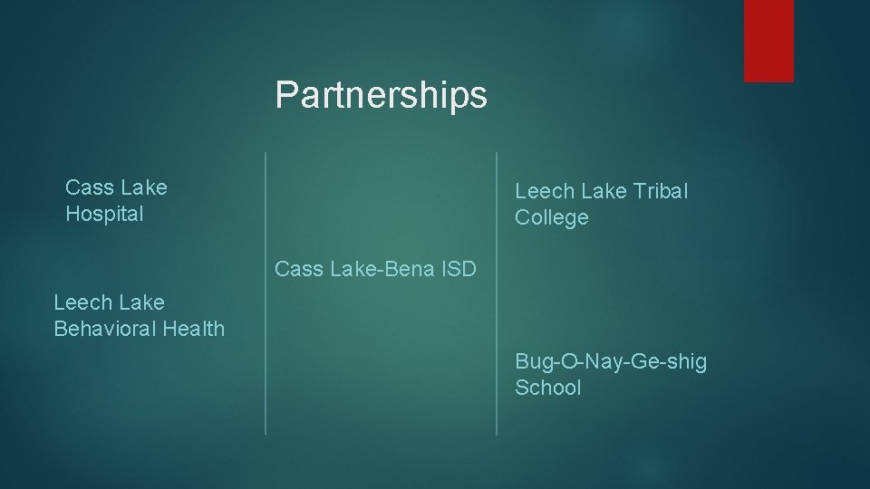 Partnerships Cass Lake Hospital Leech Lake Tribal College Cass Lake-Bena ISD Leech Lake Behavioral