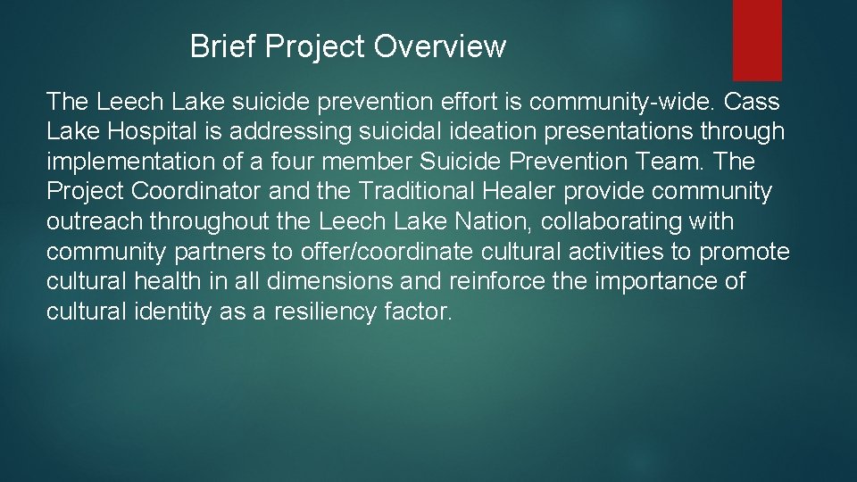 Brief Project Overview The Leech Lake suicide prevention effort is community-wide. Cass Lake Hospital