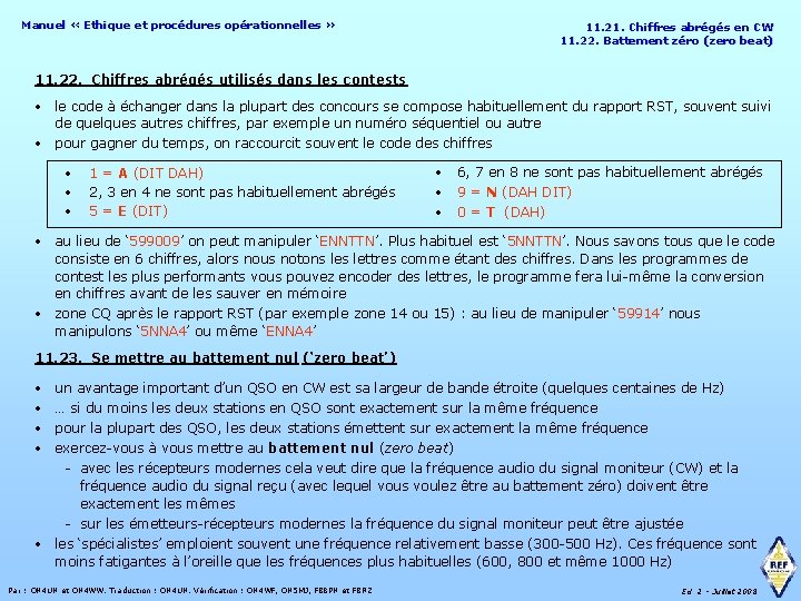 Manuel « Ethique et procédures opérationnelles » 11. 21. Chiffres abrégés en CW 11.