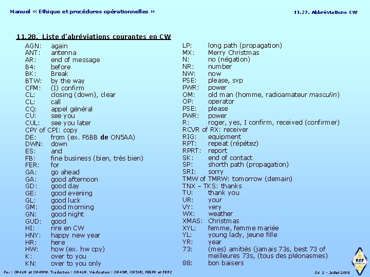 Manuel « Ethique et procédures opérationnelles » 11. 27. Abbr éviations CW 11. 27.