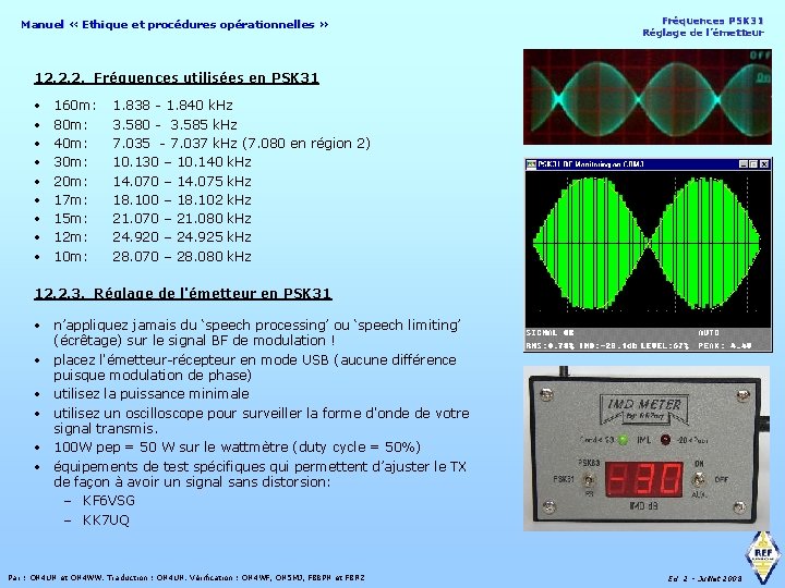 Manuel « Ethique et procédures opérationnelles » Fréquences PSK 31 Réglage de l’émetteur 12.