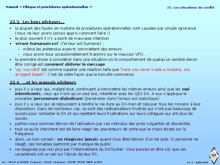 Manuel « Ethique et procédures opérationnelles » 22. Les situations de conflit 22. 3.