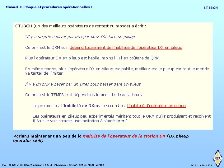 Manuel « Ethique et procédures opérationnelles » CT 1 BOH (un des meilleurs opérateurs