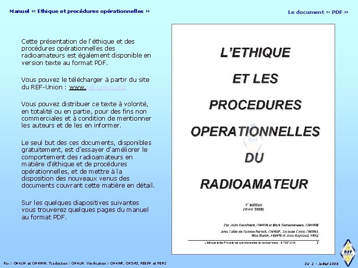 Manuel « Ethique et procédures opérationnelles » Le document « PDF » Cette présentation