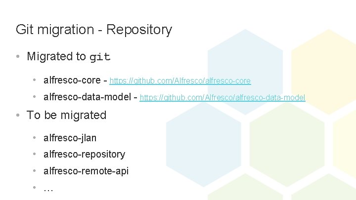 Git migration - Repository • Migrated to git • alfresco-core - https: //github. com/Alfresco/alfresco-core