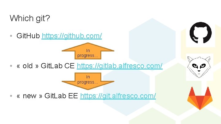 Which git? • Git. Hub https: //github. com/ In progress… • « old »