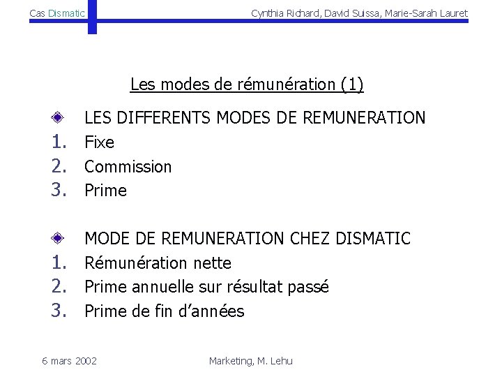 Cas Dismatic Cynthia Richard, David Suissa, Marie-Sarah Lauret Les modes de rémunération (1) 1.