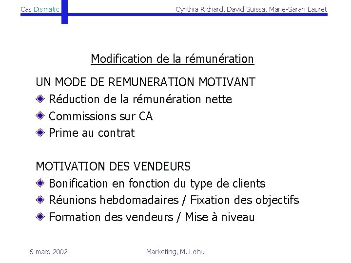 Cas Dismatic Cynthia Richard, David Suissa, Marie-Sarah Lauret Modification de la rémunération UN MODE