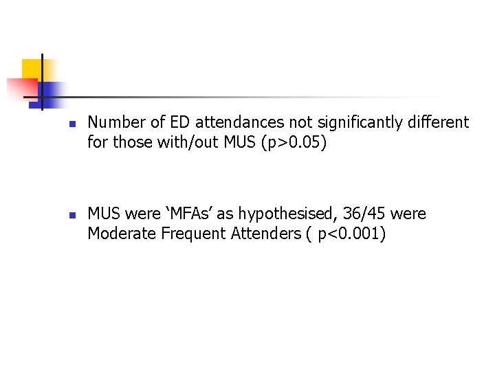 n n Number of ED attendances not significantly different for those with/out MUS (p>0.