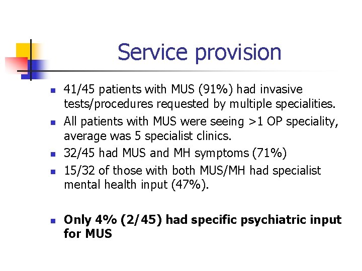 Service provision n n 41/45 patients with MUS (91%) had invasive tests/procedures requested by