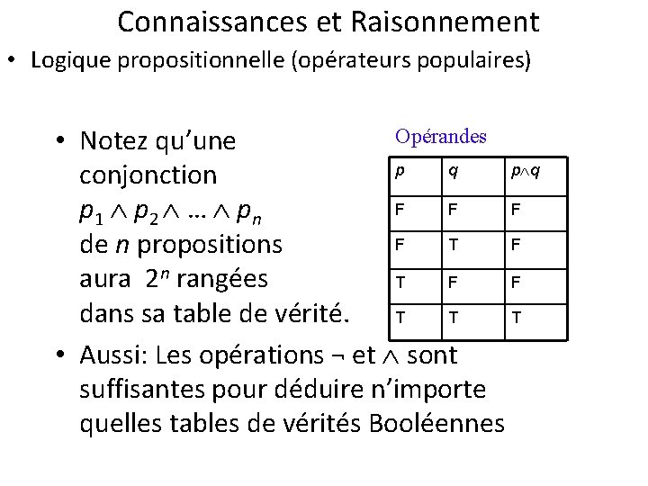 Connaissances et Raisonnement • Logique propositionnelle (opérateurs populaires) Opérandes • Notez qu’une p q