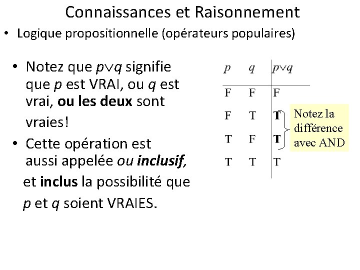 Connaissances et Raisonnement • Logique propositionnelle (opérateurs populaires) • Notez que p q signifie