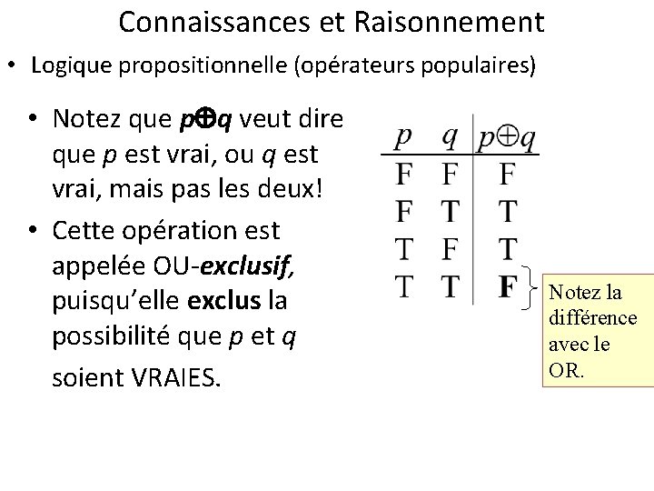 Connaissances et Raisonnement • Logique propositionnelle (opérateurs populaires) • Notez que p q veut