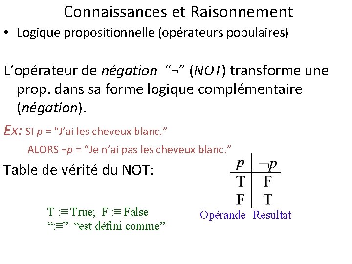 Connaissances et Raisonnement • Logique propositionnelle (opérateurs populaires) L’opérateur de négation “¬” (NOT) transforme