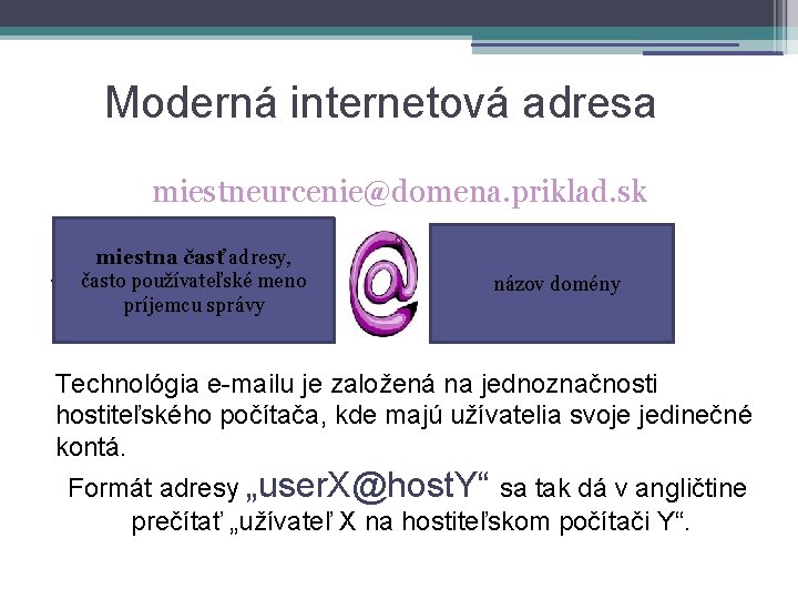 Moderná internetová adresa miestneurcenie@domena. priklad. sk. miestna časť adresy, často používateľské meno príjemcu správy