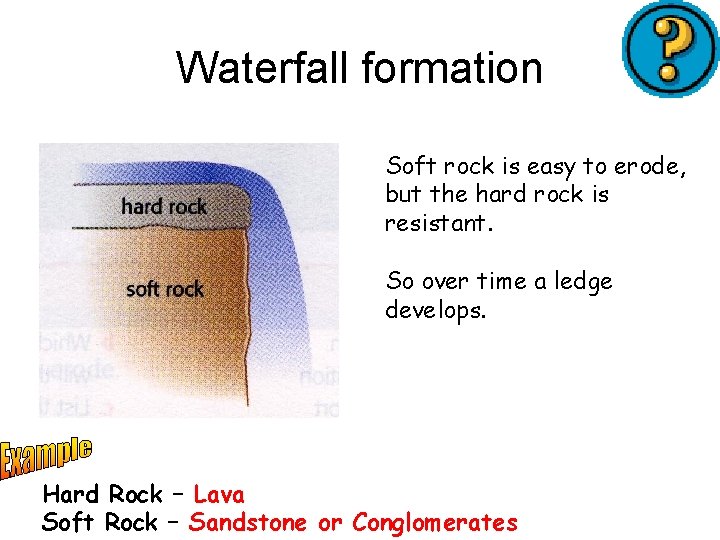 Waterfall formation Soft rock is easy to erode, but the hard rock is resistant.