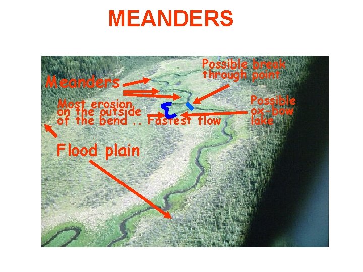 MEANDERS Meanders Possible break through point Most erosion on the outside of the bend.