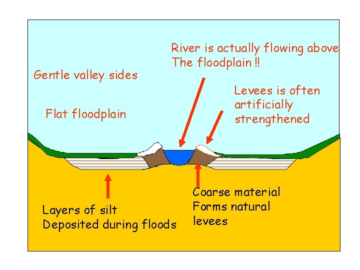 Gentle valley sides River is actually flowing above The floodplain !! Flat floodplain Layers