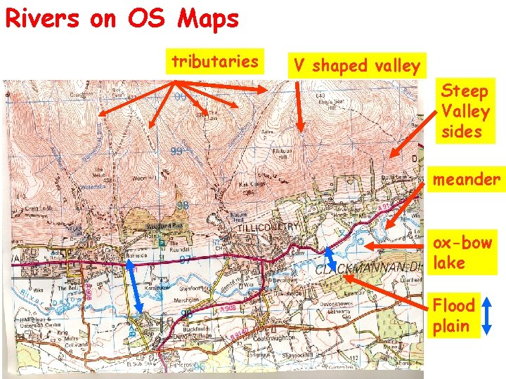 Rivers on OS Maps tributaries V shaped valley Steep Valley sides meander ox-bow lake