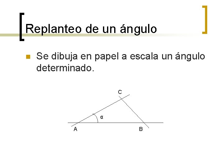 Replanteo de un ángulo n Se dibuja en papel a escala un ángulo determinado. Replanteo de un ángulo n Se dibuja en papel a escala un ángulo determinado.