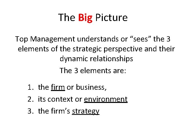 The Big Picture Top Management understands or “sees” the 3 elements of the strategic