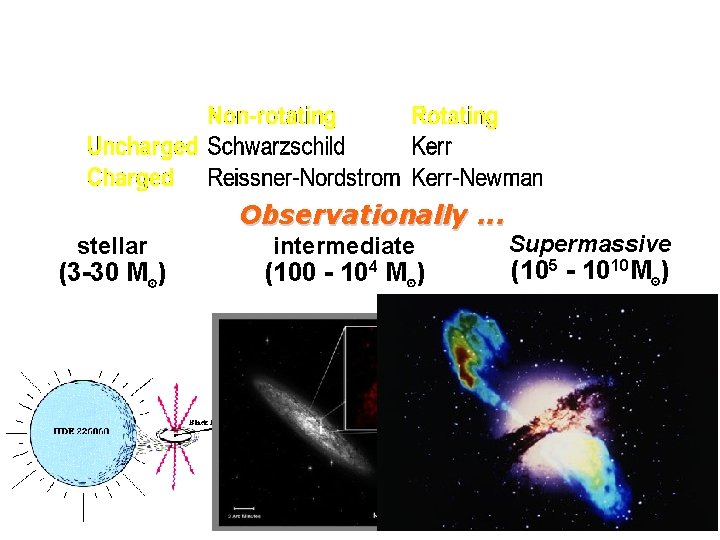 Observationally. . . stellar (3 -30 M⊙) intermediate (100 - 104 M⊙) Supermassive (105