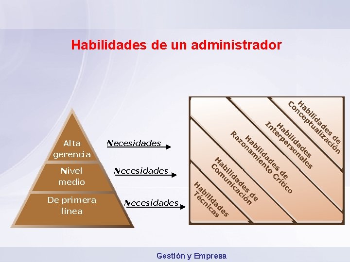 Habilidades de un administrador Alta gerencia Nivel medio De primera línea Necesidades Gestión y