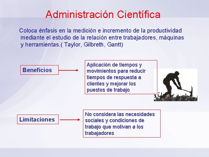 Administración Científica Coloca énfasis en la medición e incremento de la productividad mediante el