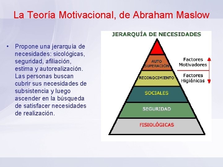 La Teoría Motivacional, de Abraham Maslow • Propone una jerarquía de necesidades: sicológicas, seguridad,