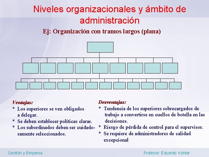 Niveles organizacionales y ámbito de administración Ej: Organización con tramos largos (plana) Ventajas: *